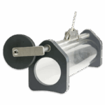A transparent plastic tube with gray end caps, a circular metal handle on one end, and a metal lever mechanism on top, the Horizontal Water Sampler - 1087 is likely designed as a laboratory or engineering tool.