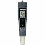 A handheld digital water tester, such as the Total Chlorine TRACER - 1740, displays a pH reading of 8.77 and a temperature of 25.0°C. The device features buttons for mode, calibration, and power, with LaMotte and PocketTester labels.