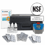 LaMotte Pool Manager water quality test kit with instruction booklet, test bottles, packets, ColorQ 2x PRO 11 - 2088 blue digital meter displaying 7.2, black carrying case, and NSF certification badge.