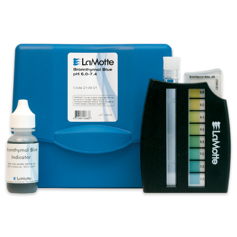 A LaMotte pH Test Kit 6.0 - 7.4 pH - 2109-01 features a blue carrying case, indicator solution, test tube, and color chart for measuring pH levels from 6.0 to 7.4 with accuracy and ease.