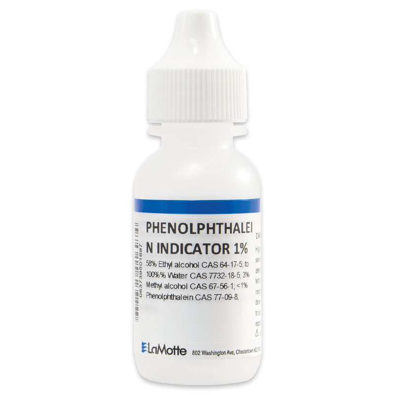 A small white plastic bottle labeled Phenolphthalein Indicator 1%, used as a titration reagent for alkalinity, with ingredient and safety information, a white dropper cap, and LaMotte branding at the bottom.