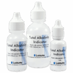 Three plastic dropper bottles labeled “Total Alkalinity Indicator” by LaMotte, with white caps, shown on a white background. The bottles are different sizes and display text about chemical test use.