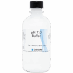 Clear plastic bottle labeled pH 7.0 Buffer with black cap; used for chemical tests. The label features LaMotte branding, instructions, blue design accents on the right side, and identifies it as a Standardized pH Buffer Solution.