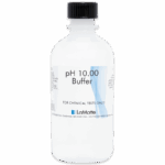 A clear plastic bottle with a black cap, labeled pH 10.00 Buffer from LaMotte, contains a Standardized pH Buffer Solution for chemical tests only. The label provides product and company information.