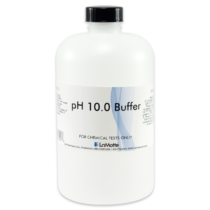 Une bouteille en plastique blanc marquée pH 10.0 Buffer par LaMotte, cette solution tampon de pH standardisée est destinée uniquement aux tests chimiques et comporte un bouchon à vis noir avec les détails du produit imprimés sur l’étiquette avant.