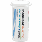 A white plastic container labeled Dual Range QAC Test Strips - 2934 Insta-Test ANALYTIC holds 50 strips. It features a snap-on lid with blue and orange text on a white background.