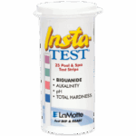 A white container labeled Insta-TEST Biguanide holds 25 pH and Total Hardness Test Strips for pools and spas. The LaMotte logo appears above the instructions, “Just DIP & READ!” at the bottom.