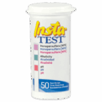 Recipiente blanco de Insta-TEST Monopersulfate Alcalinidad, tiras de prueba de pH - 2982 para la calidad del agua, mostrando texto sobre la medición de monopersulfato, alcalinidad y pH, además de una tabla de colores y una etiqueta que indica 50 tiras de prueba en su interior.