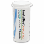 Un contenant cylindrique blanc marqué Insta-Test ANALYTIC Low Range Hydrogen Peroxyde Test Strips - 2984LR par LaMotte, avec un texte bleu et orange et un couvercle blanc.