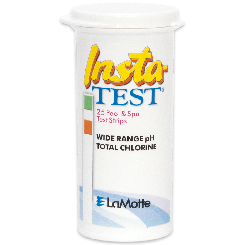 Un contenant blanc portant l’inscription Insta-TEST® Wide Range Total Chlorine & pH Test Strips-2987-G avec le logo LaMotte en bas. Le récipient comporte un tableau des couleurs sur le côté gauche pour faciliter l’analyse de l’eau.