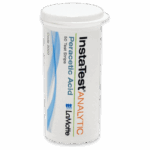 Un contenant cylindrique blanc intitulé Insta-Test Analytic Peracetic Acid 50 Test Strips - 3000 par LaMotte, avec un texte bleu et orange et un bouchon blanc, affiché sur un fond uni.