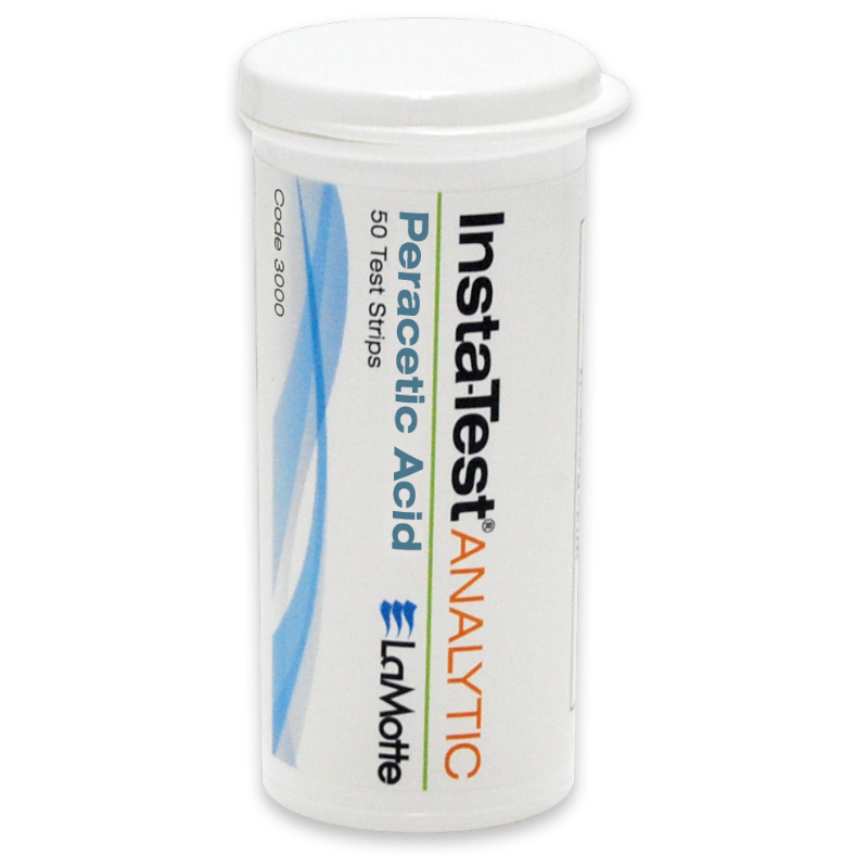 Un contenant cylindrique blanc intitulé Insta-Test Analytic Peracetic Acid 50 Test Strips - 3000 par LaMotte, avec un texte bleu et orange et un bouchon blanc, affiché sur un fond uni.
