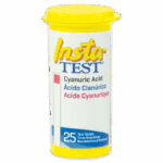 A yellow-lidded container labeled Insta-TEST Cyanuric Acid Test Strips - 3007, indicating it contains 25 test strips for cyanuric acid in English, Spanish, and French.