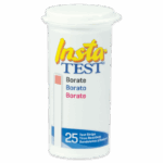 Un récipient blanc cylindrique portant l’étiquette Insta-TEST Borate Test Strips - 3017-G, avec une bande de couleur et du texte, indique qu’il contient 25 bandes de test pour le borate. L’étiquette affiche également des instructions en plusieurs langues.