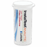 A white cylindrical container labeled Insta-Test Analytic High Range Free Chlorine Test Strip - 3031 by LaMotte, holding 50 test strips for chlorine testing. The lid is white and the label features blue and orange text.