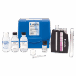 The Nitrate-Nitrogen Test Kit - 3110-01 features a blue case, multiple reagent bottles, a small dropper, color comparator, two test tubes, and a color chart for precise testing of water samples.