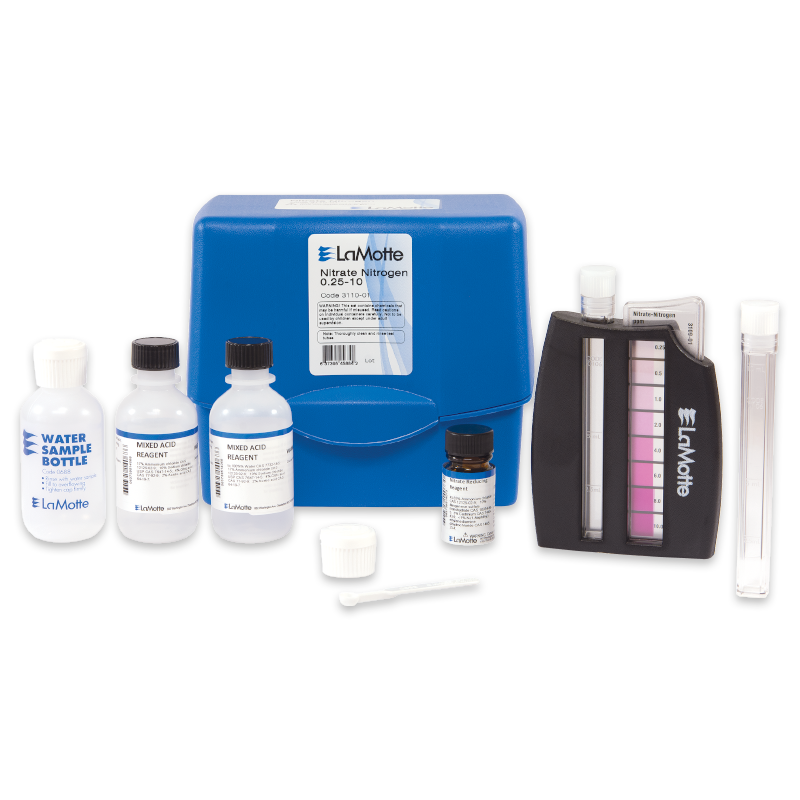 The Nitrate-Nitrogen Test Kit - 3110-01 features a blue case, multiple reagent bottles, a small dropper, color comparator, two test tubes, and a color chart for precise testing of water samples.