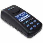 A handheld Model DC1500 Molybdenum Colorimeter Lab device with a digital screen displaying a molybdenum test result of 13.7 ppm and several blue function buttons below the screen.