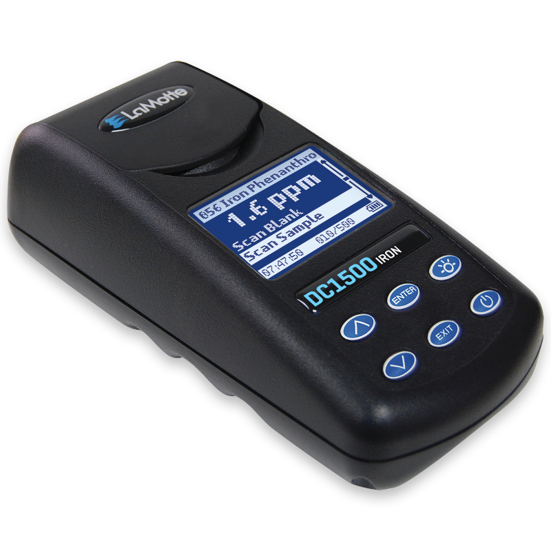 A handheld Model DC1500 Iron Colorimeter Lab - 3248 features a digital display screen showing test information and several blue control buttons below the screen.