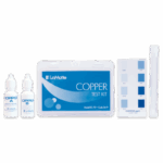 LaMotte Low Range Copper Test Kit - 3619 includes two solution bottles labeled Copper A and B, a blue and white carrying case, a comparison color chart, a clear test tube, and a plastic dropper.