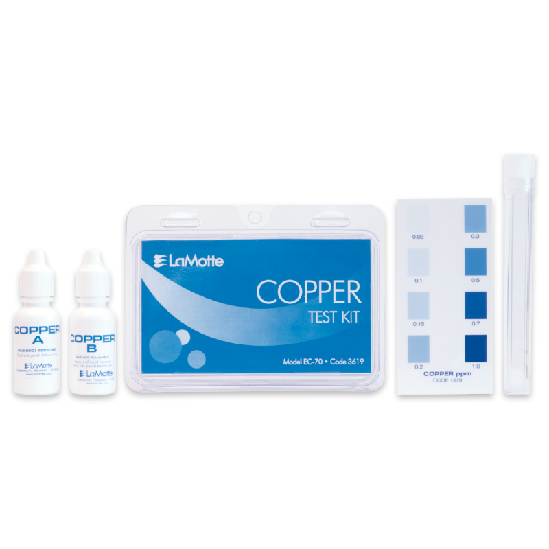 LaMotte Low Range Copper Test Kit - 3619 includes two solution bottles labeled Copper A and B, a blue and white carrying case, a comparison color chart, a clear test tube, and a plastic dropper.