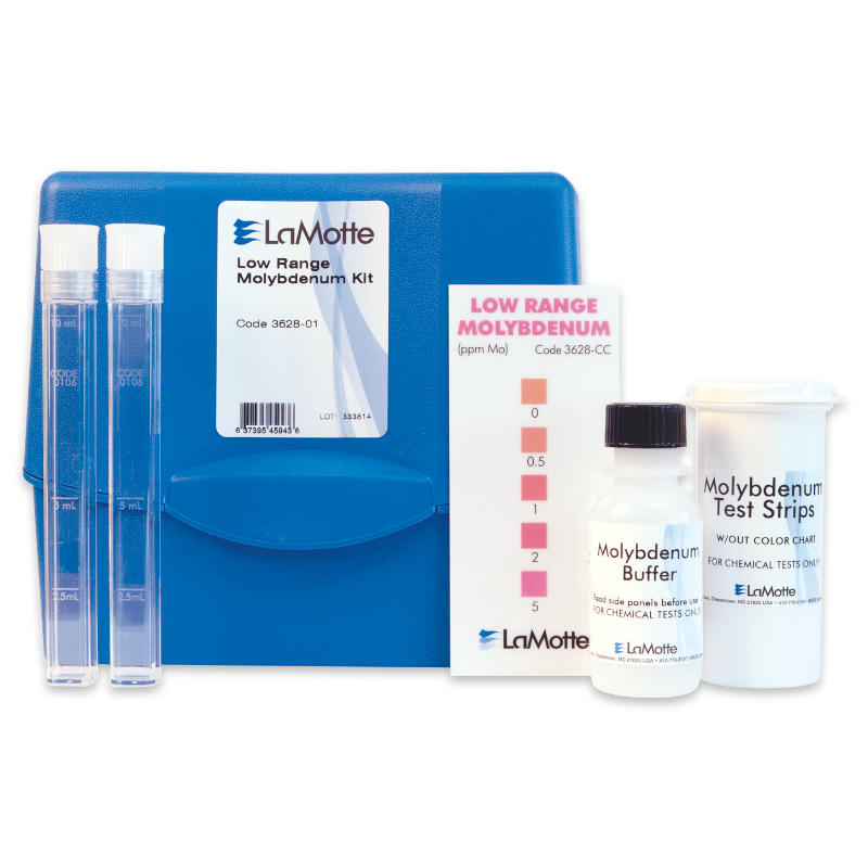 The Low Range Molybdenum Test Kit - 3628-01 features a blue case, two test tubes, a comparator card, molybdenum buffer, and test strips—all neatly arranged for convenient testing.