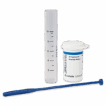 Clear plastic test tube with measurement markings, a white Brackish Tablet Package 3865-PKG labeled BT Tablets for Brackish Water, and a blue plastic stirring stick placed in front.