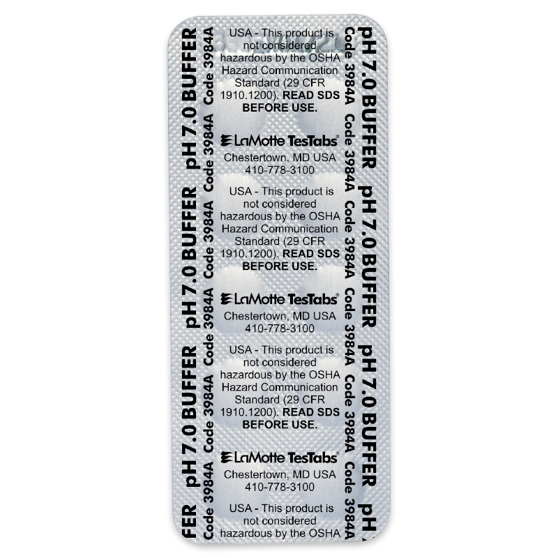 A packet labeled pH 7.0 Buffer from LaMotte TesTabs Buffer Tablets 3984, featuring safety information and warnings in black text on a silver background. The rectangular packet displays evenly spaced text columns.