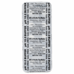 A blister pack labeled Buffer Tablets 3985, pH 10.0 Buffer, contains multiple tablets. Instructions, safety information, and manufacturer details are printed in black text on a white background.