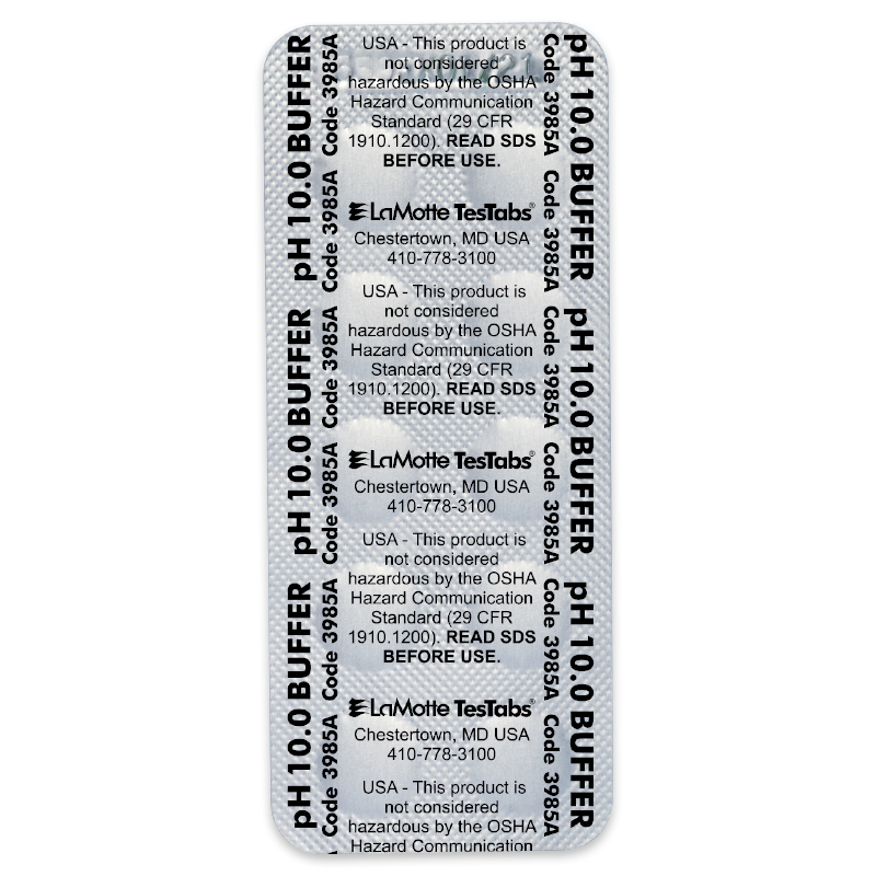 A packet labeled pH 10.0 Buffer with multiple sections of text, including safety information, code numbers, and the brand LaMotte TesTabs Buffer Tablets 3985, printed in black on a white background.