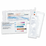 The Insta-TEST® Drinking Water Test Strip kit includes a test strip, foil packaging, and a color comparison card displaying various color blocks and values for different water quality parameters.