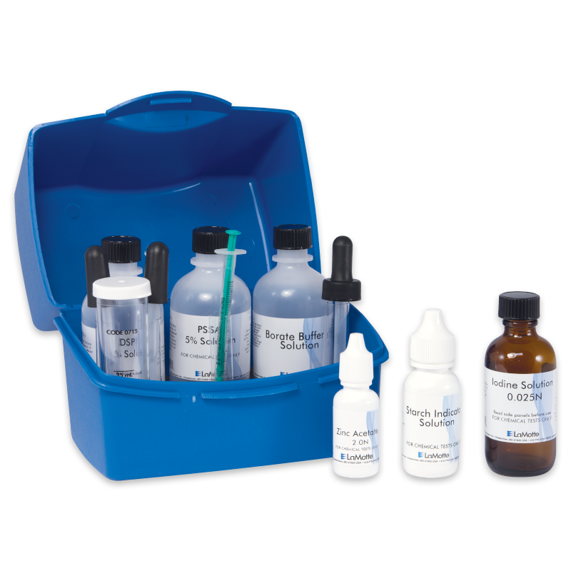 A blue plastic box labeled Tolcide PS Biocides Test Kit - 4-8776-01 holds various bottles and droppers with scientific solutions, such as Borate Buffer, PS Solution, Iodine Solution, and Starch Indicator arranged neatly in front.