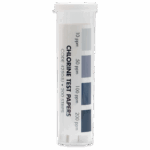 A plastic container labeled Chlorine Test Papers with a visible color chart showing chlorine levels at 10, 50, 100, and 200 ppm. The label mentions Code 4256BI, Chlorine Sanitizer Test Paper - 4250-BJ, and contains 200 strips.