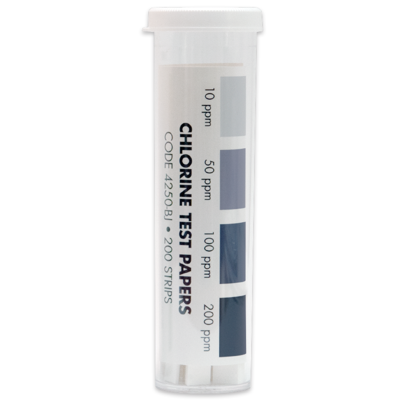 A plastic container labeled Chlorine Test Papers with a visible color chart showing chlorine levels at 10, 50, 100, and 200 ppm. The label mentions Code 4256BI, Chlorine Sanitizer Test Paper - 4250-BJ, and contains 200 strips.