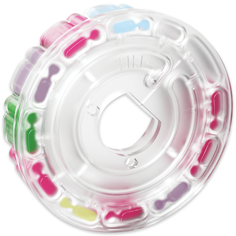 A colorful, round inflatable pool float with transparent sections and multicolored panels around the outer edge, shown from above on a white background—resembling the vibrant design of a SpinDisk Reagent Cartridge - 4330-H.