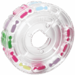 A colorful, transparent inflatable pool float in the shape of a wheel, featuring pastel pink, green, yellow, purple, and blue sections around the edge—resembling a playful SpinDisk Reagent Cartridge 4331-H.