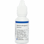 A small white plastic bottle labeled Hardness Reagent 5 Solution with a blue and white label, ingredient list, and a dropper cap, manufactured by LaMotte.