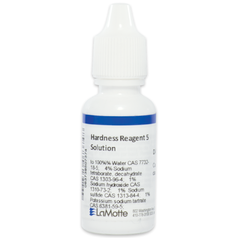 A small white plastic bottle labeled Hardness Reagent 5 Solution with a blue and white label, ingredient list, and a dropper cap, manufactured by LaMotte.