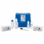 A Magnesium Hardness Test Kit - 4824-LT-02 features a blue case, two white TesTabs boxes, clear bottles, droppers, and a transparent test tube—ideal for testing calcium and total hardness—all neatly arranged on a white background.
