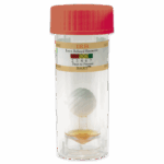 Un vial de prueba de plástico transparente con una tapa naranja etiquetado como Prueba de Bacterias Relacionadas con el Hierro IRB-BART - 5-0024. En su interior, una bola blanca está suspendida sobre un líquido naranja. La etiqueta incluye una escala de colores para registrar los días antes del crecimiento bacteriano visible.