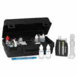 A black plastic Shallow Water Testing Outfit - 5854-02 case containing various water testing supplies, including reagent bottles, a test tube, a color comparator, a thermometer, and measuring equipment, arranged neatly beside the open case.