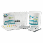 The Earth Force Elementary Education Watershed Field Trip - 5906 kit includes test tubes, a white container, instruction booklets, color charts, and sample packets—perfect for engaging science activities in elementary education.