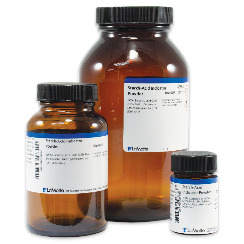 Three amber glass jars of different sizes, each labeled Starch-Acid Indicator Powder by LaMotte, are arranged together on a white background.
