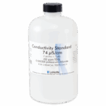 A white plastic bottle labeled Conductivity Standard 74 μS/cm from LaMotte, containing Conductivity TDS Solutions 6416-L with 0.0005M potassium chloride for chemical tests. The bottle features a black screw cap and printed instructions.