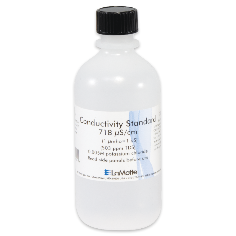 A clear plastic bottle labeled Conductivity Standard 718 µS/cm by LaMotte, containing 0.005M potassium chloride solution. The bottle, part of the Conductivity TDS Solutions 6417-L line, features a black screw cap and white label with details.
