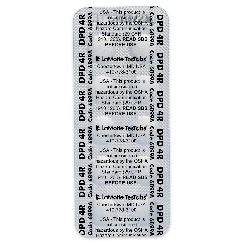 A blister pack labeled “DPD 4R, Code 6909, Lot 08094A” highlights Chlorine DPD #4 RAPID testing. Text notes the product is not considered hazardous by OSHA and lists contact info for LaMotte TesTabs, Chestertown, MD, USA.
