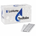A white box labeled LaMotte TesTabs with a blue water droplet design, next to a blister pack containing several round Chlorine DPD #3 RAPID tablets used for water testing.