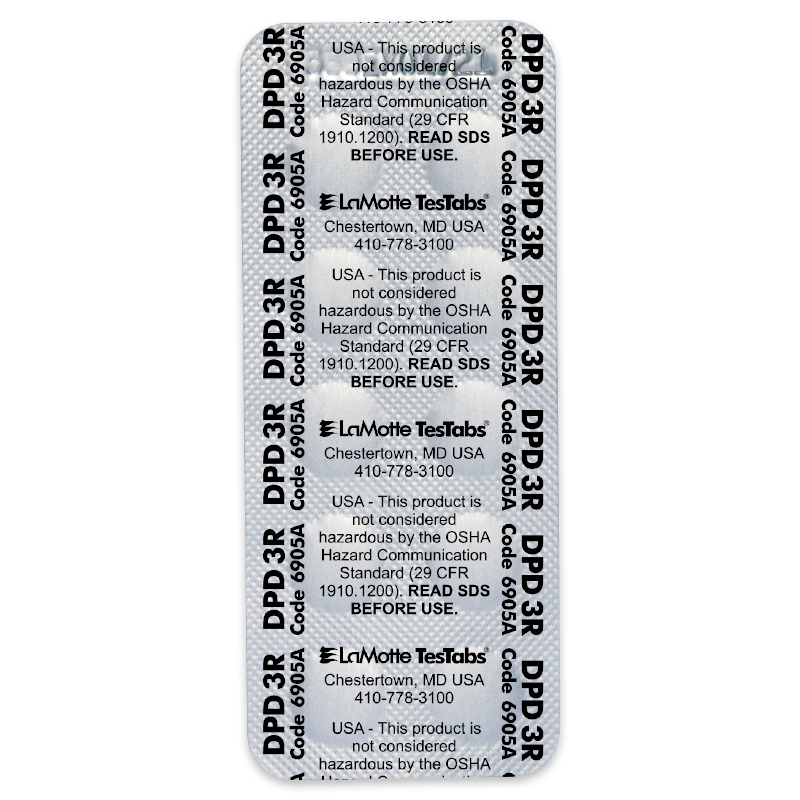 A blister pack labeled DPD 3R Code 6903 containing Chlorine DPD #3 RAPID tablets. Text indicates the product isn't hazardous by OSHA standards and advises reading the SDS before use. Manufacturer: LaMotte, Chestertown, MD, USA.