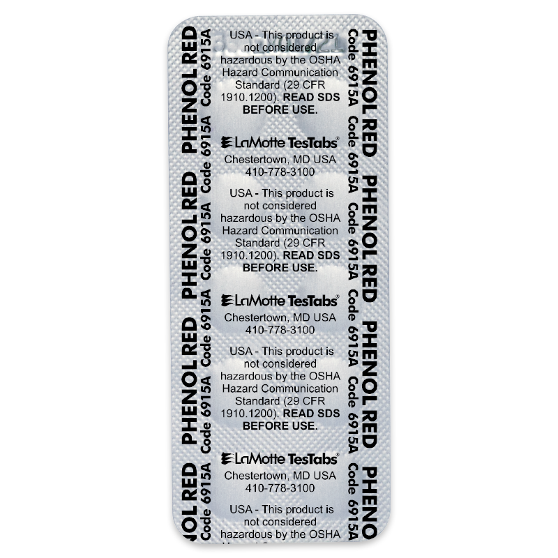 A blister pack labeled PHENOL RED TesTabs for pH (Phenol Red) testing, featuring safety information, product codes, and manufacturer details printed in black text on a silver background.