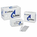 Three boxes labeled LaMotte TesTabs Chlorine DPD #1 RAPID with water droplets on the packaging, placed beside an opened blister pack of tablets and an instruction card.
